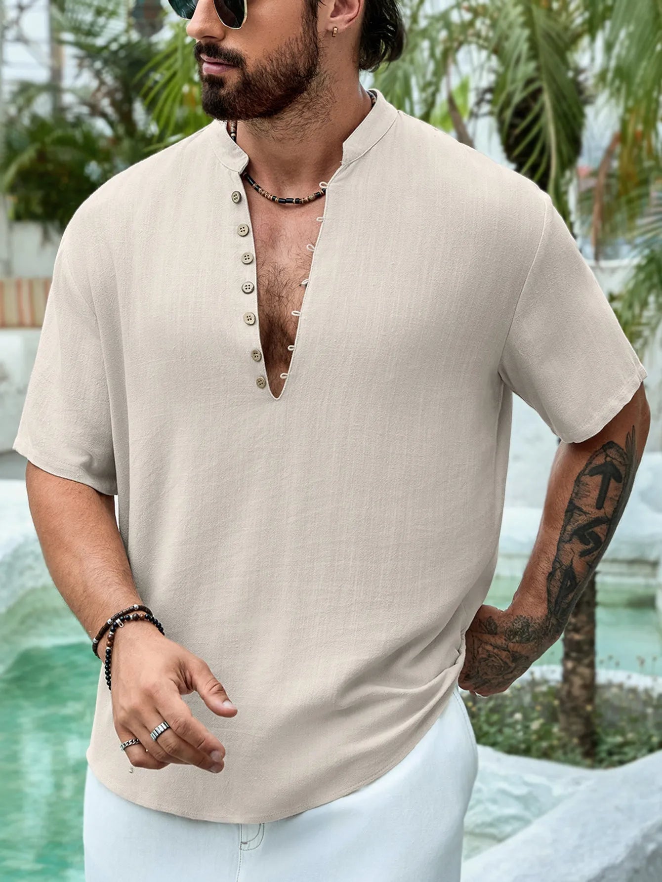 Men's summer deep V-neck multi-button short sleeve casual shirt in khaki, pullover style, viscose fabric