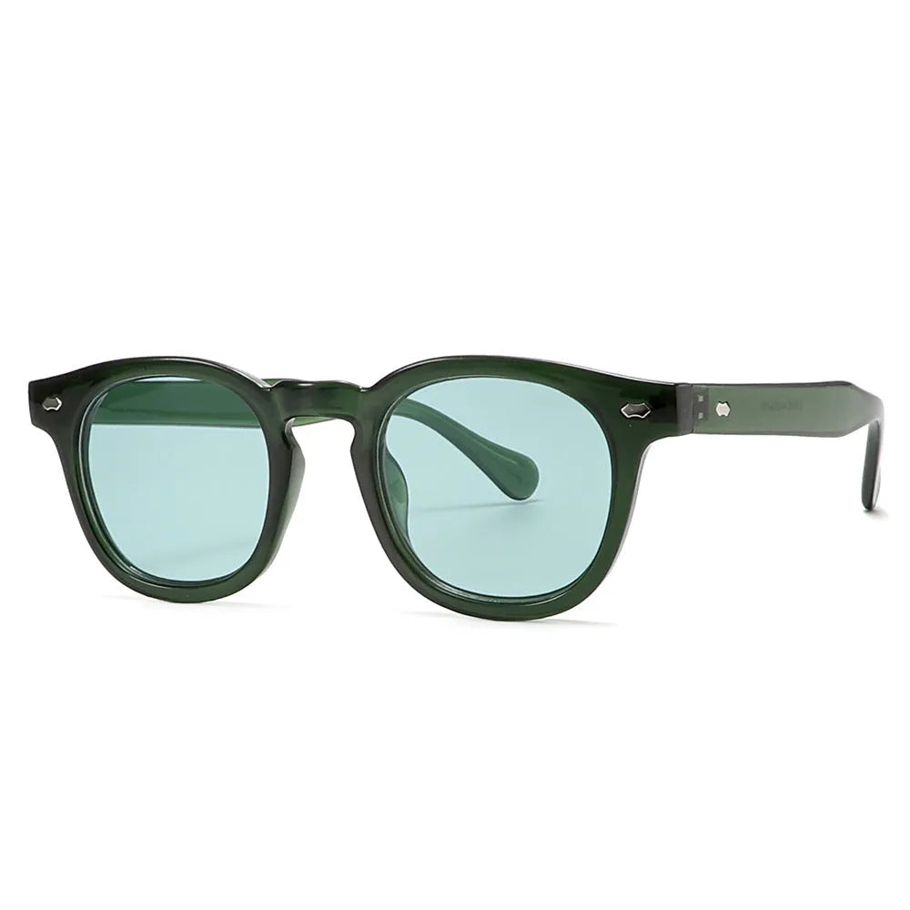 Simple round rim plastic sunglasses shown in a bright black frame with blue lenses on a plain background.