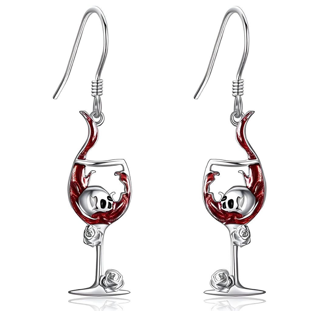 A pair of zinc alloy electroplated earrings with a combined skull and wine glass geometric design.
