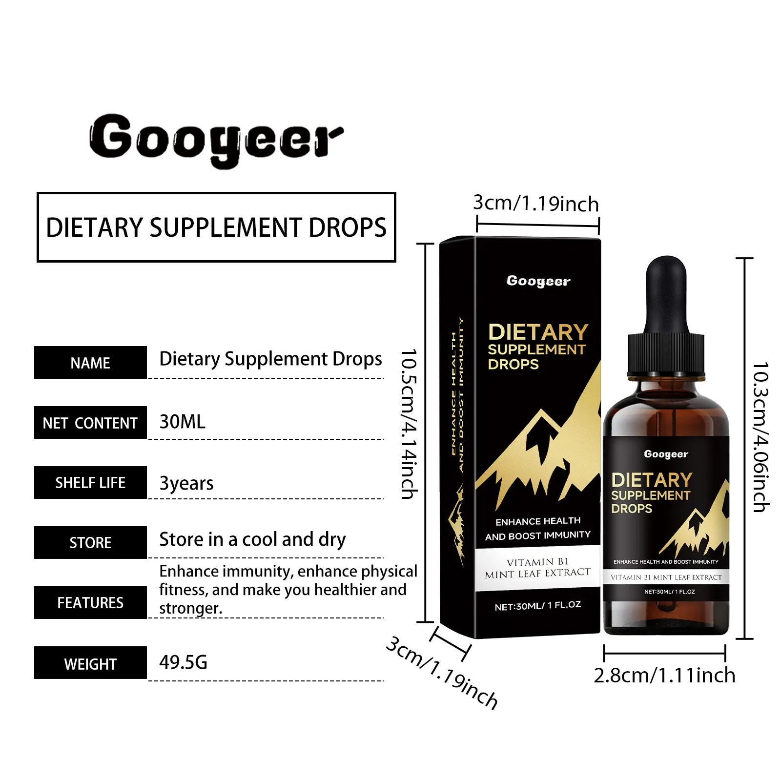 Bottle of liquid dietary supplement drops with a pipette dropper for dosage