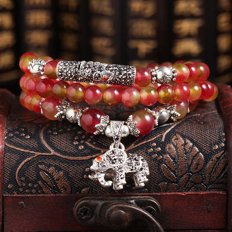 Handmade watermelon crystal bracelet with Chinese knot closure in elephant style design