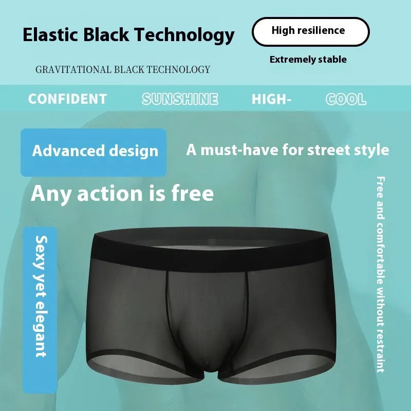 Men's ice silk seamless boxers in black nylon knit with low-rise waist and no side seams