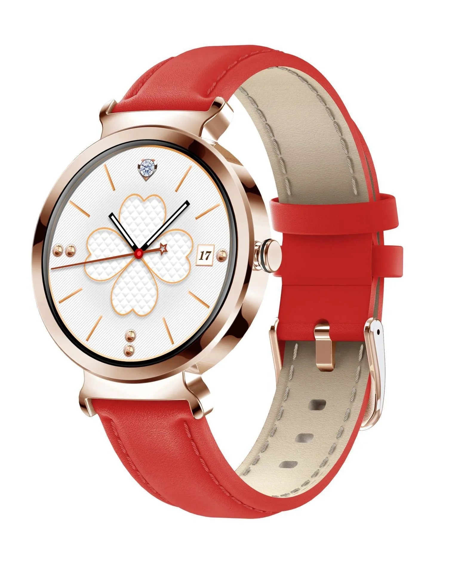 Women's zinc alloy smart bracelet with 1.28-inch screen showing Android iOS compatibility and multiple colour options