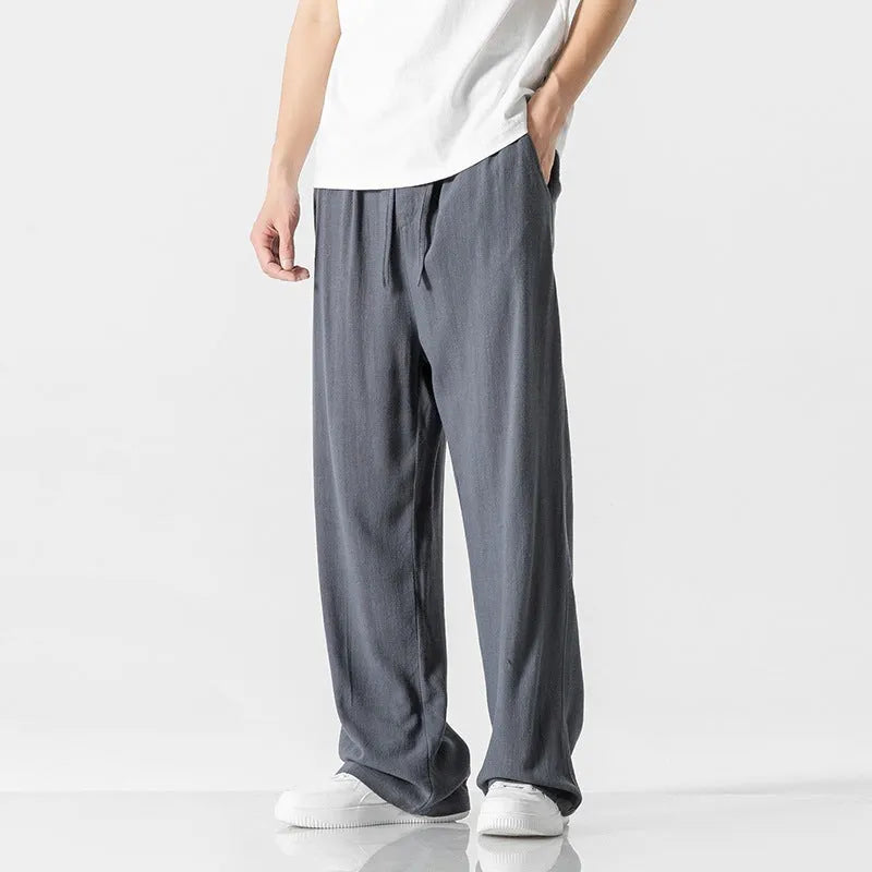 Men's bamboo fibre linen trousers in loose straight-leg cut with cropped length and drawstring waist