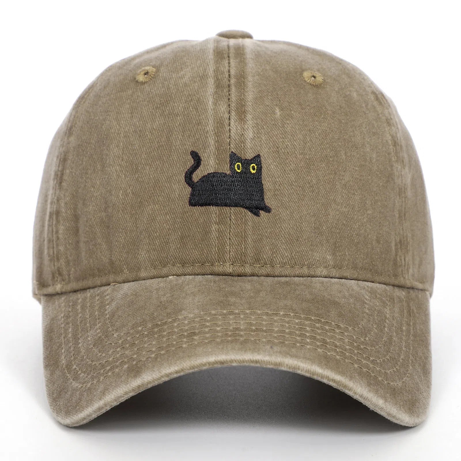 Black cat embroidered washed baseball cap in black, cotton fabric, adjustable size, dome crown style