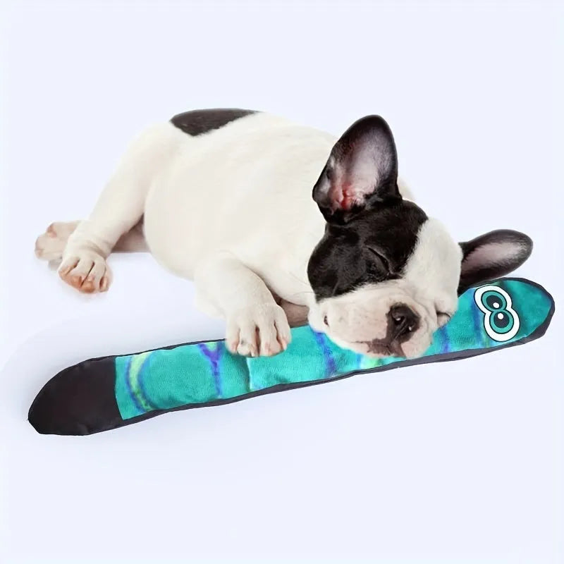 Multicolour snake-shaped plush dog squeaky toy with stripe print pattern