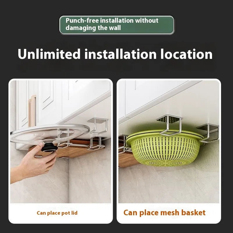 Stainless steel punch-free wall hanging pot storage rack in elegant black with adhesive backing