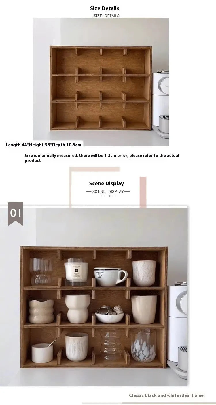 Square birch wood cup storage rack with multiple grid compartments for organising drinkware.