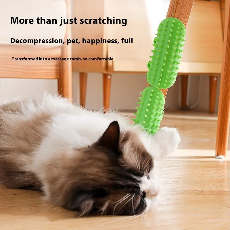 Silicone pet massage comb with adjustable strap attached to table leg