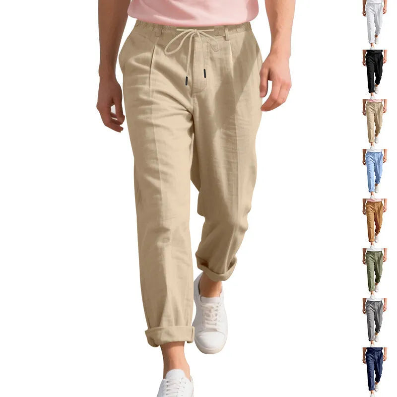 Men's linen trousers with drawstring waist in straight leg design showing army green colour option