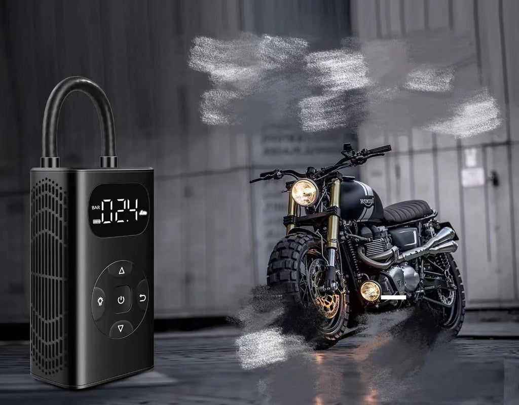 Black portable power bank tyre inflator with USB cable and 16cm hose for cars and bikes