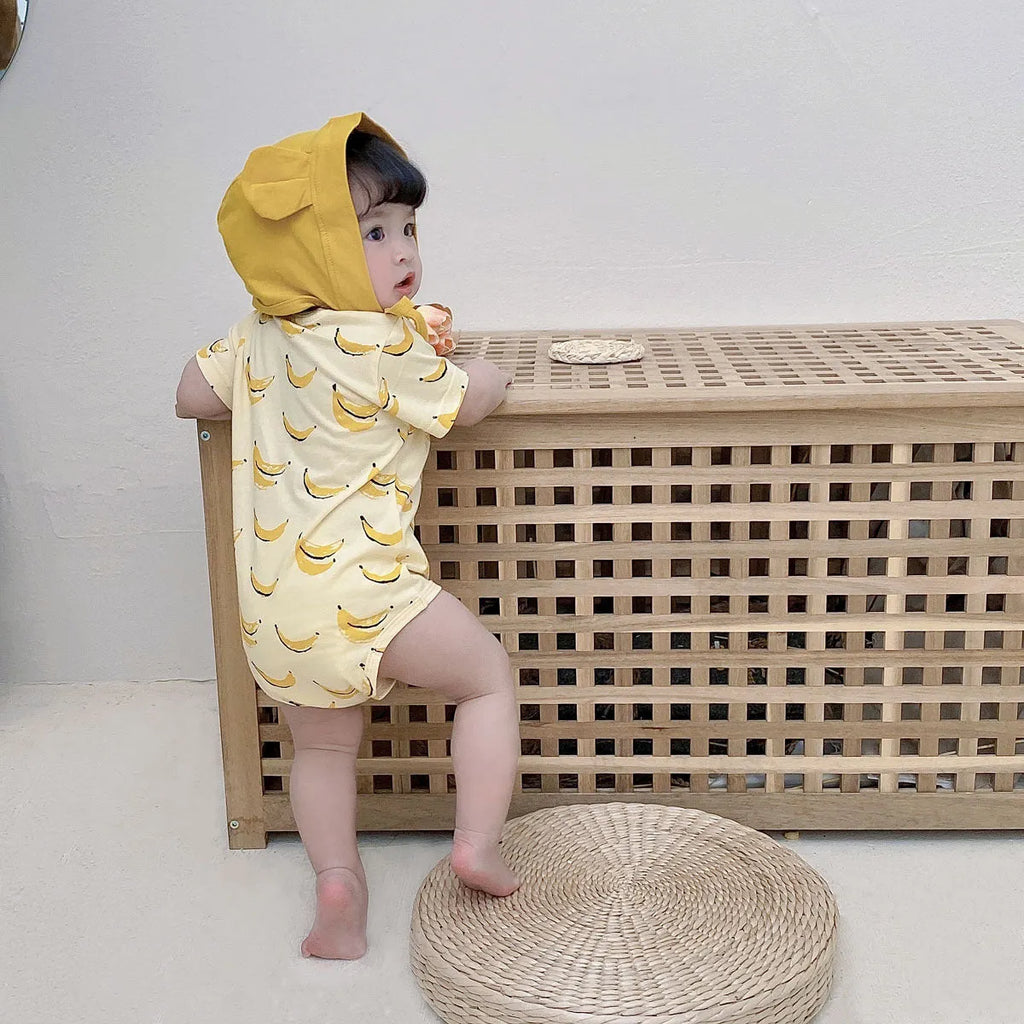 Pure cotton summer romper suit with matching hat in banana colour for baby