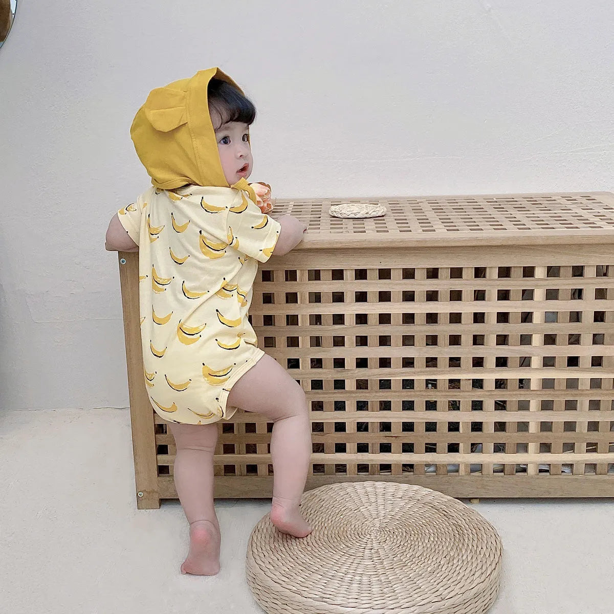 Pure cotton summer romper suit with matching hat in banana colour for baby