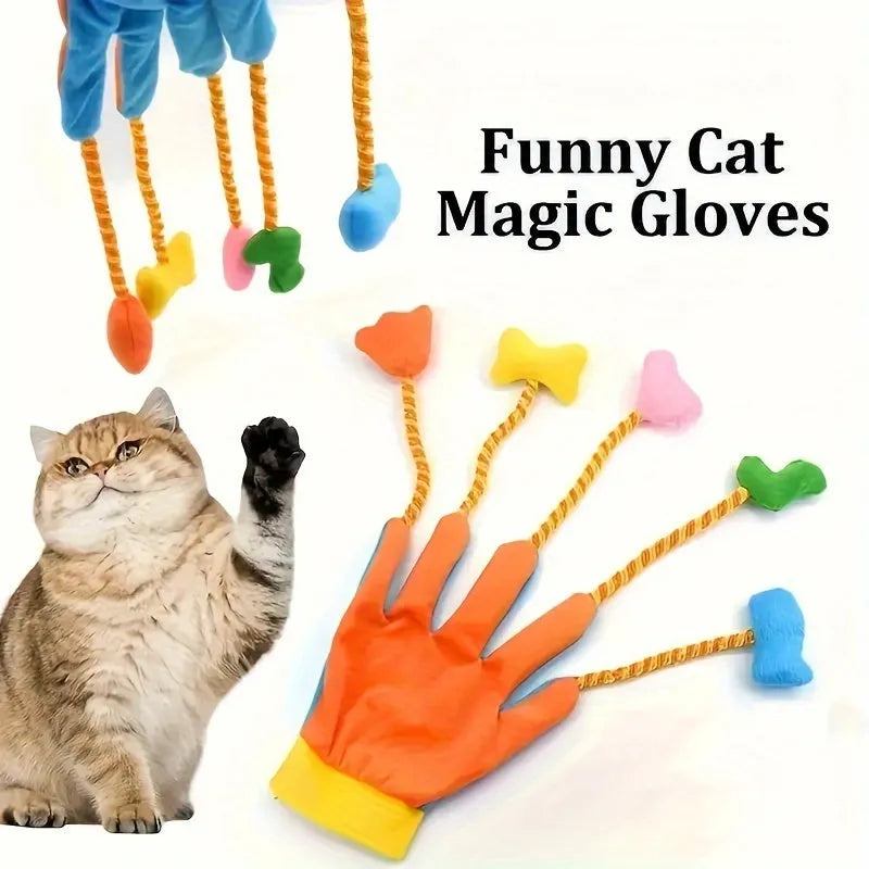 Yellow and blue plush cat toy with a bell and magic glove handle on a plain background.