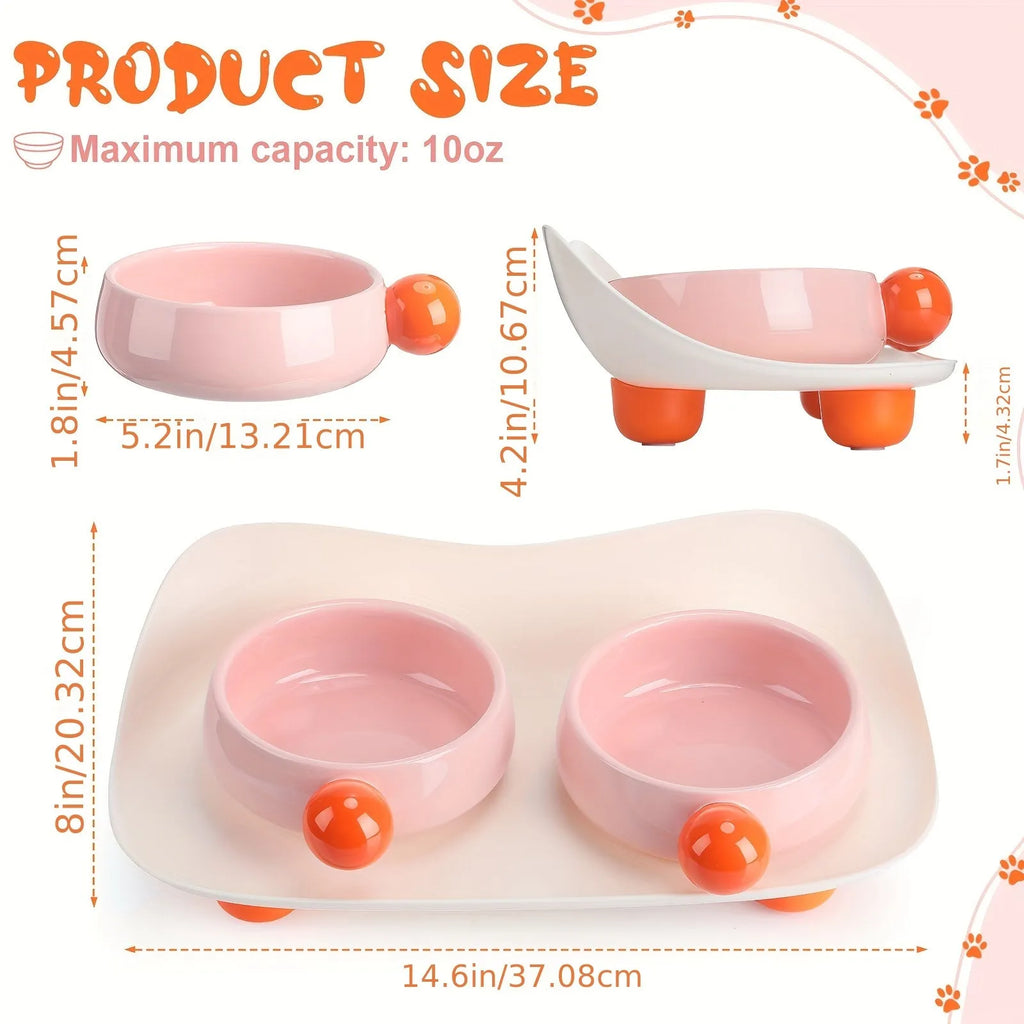 Raised ceramic double pet feeding bowl in pink, yellow, and pink yellow on a non-slip stand.