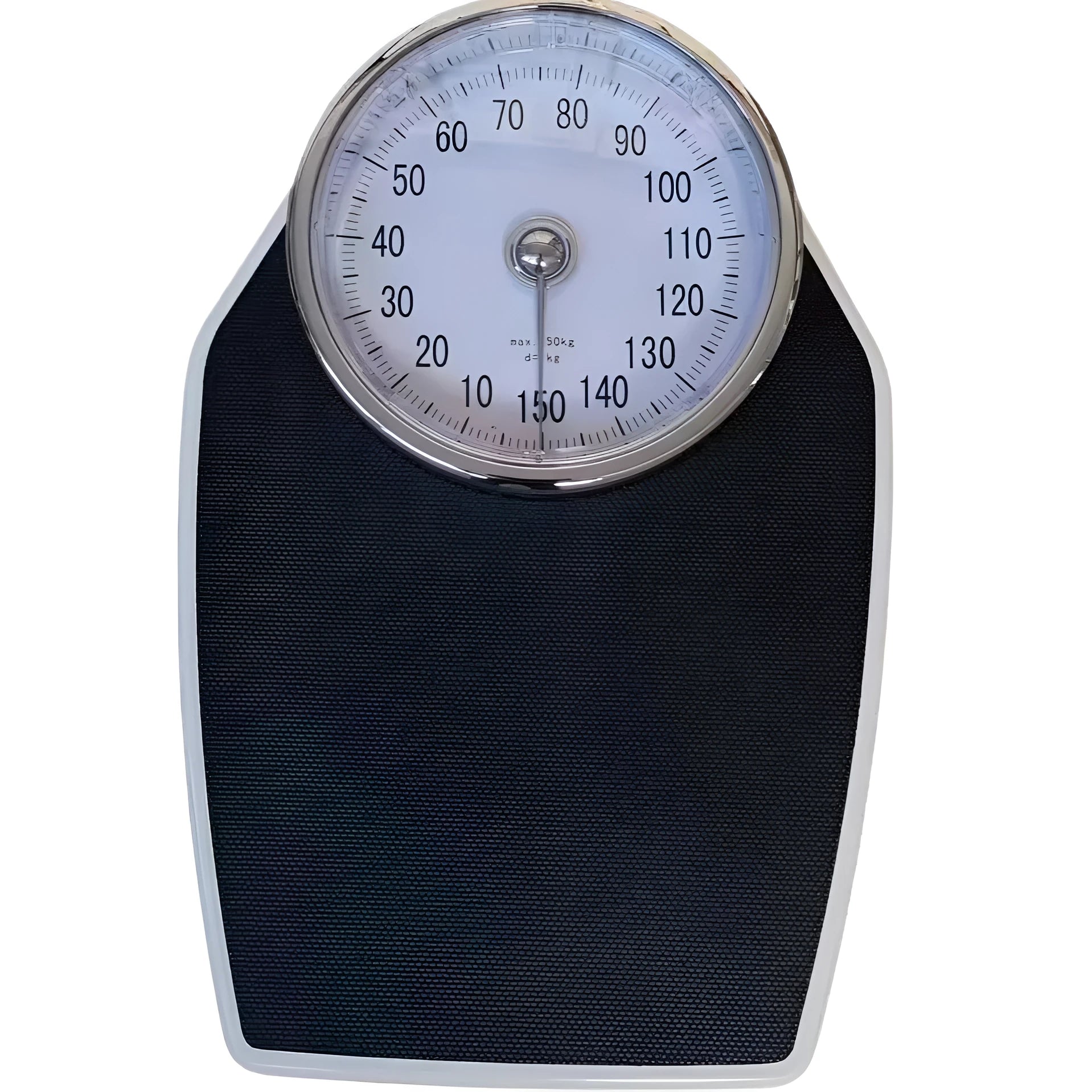 Black mechanical bathroom scale with large analogue dial display on white background