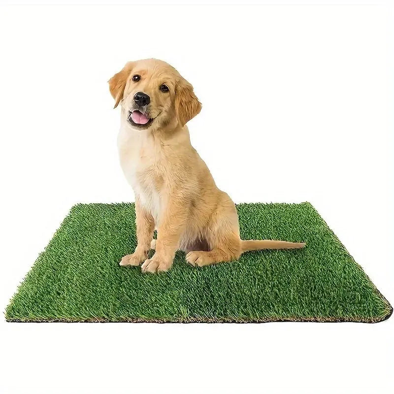 Artificial grass dog toilet training mat with non-slip backing, shown in three available sizes.