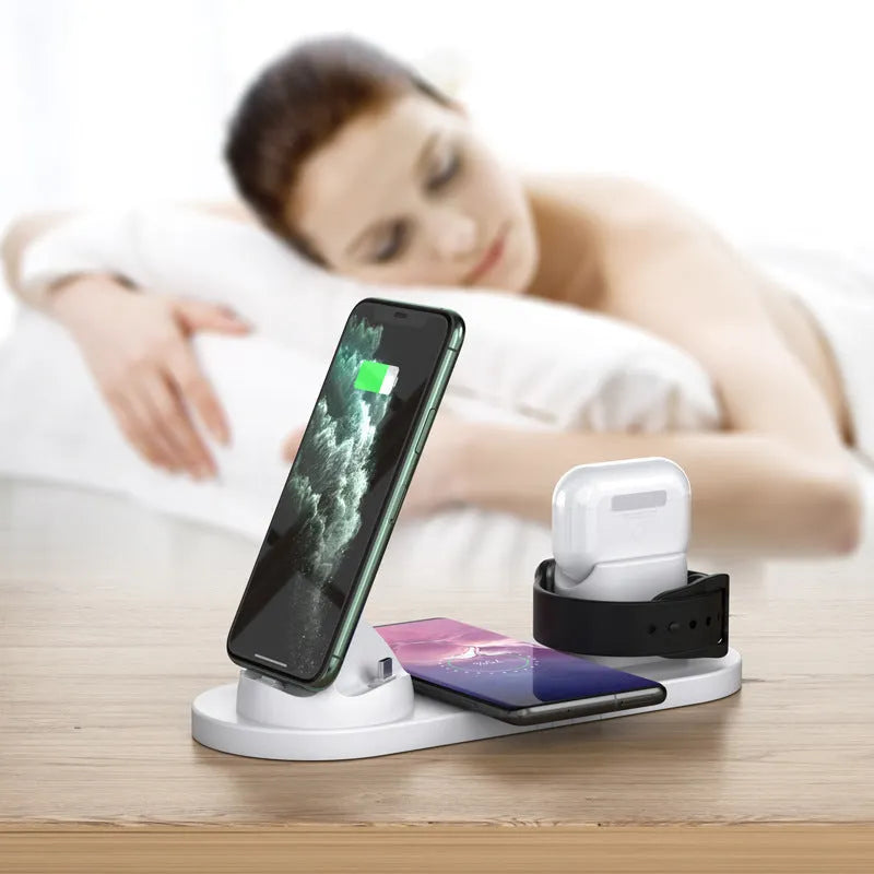 Black 6-in-1 wireless charging station with smartphone, AirPods and iWatch charging areas