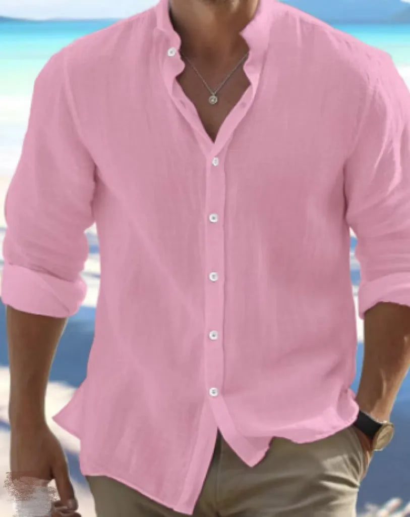 Men's light grey linen pullover shirt made from long-staple cotton for casual summer wear.