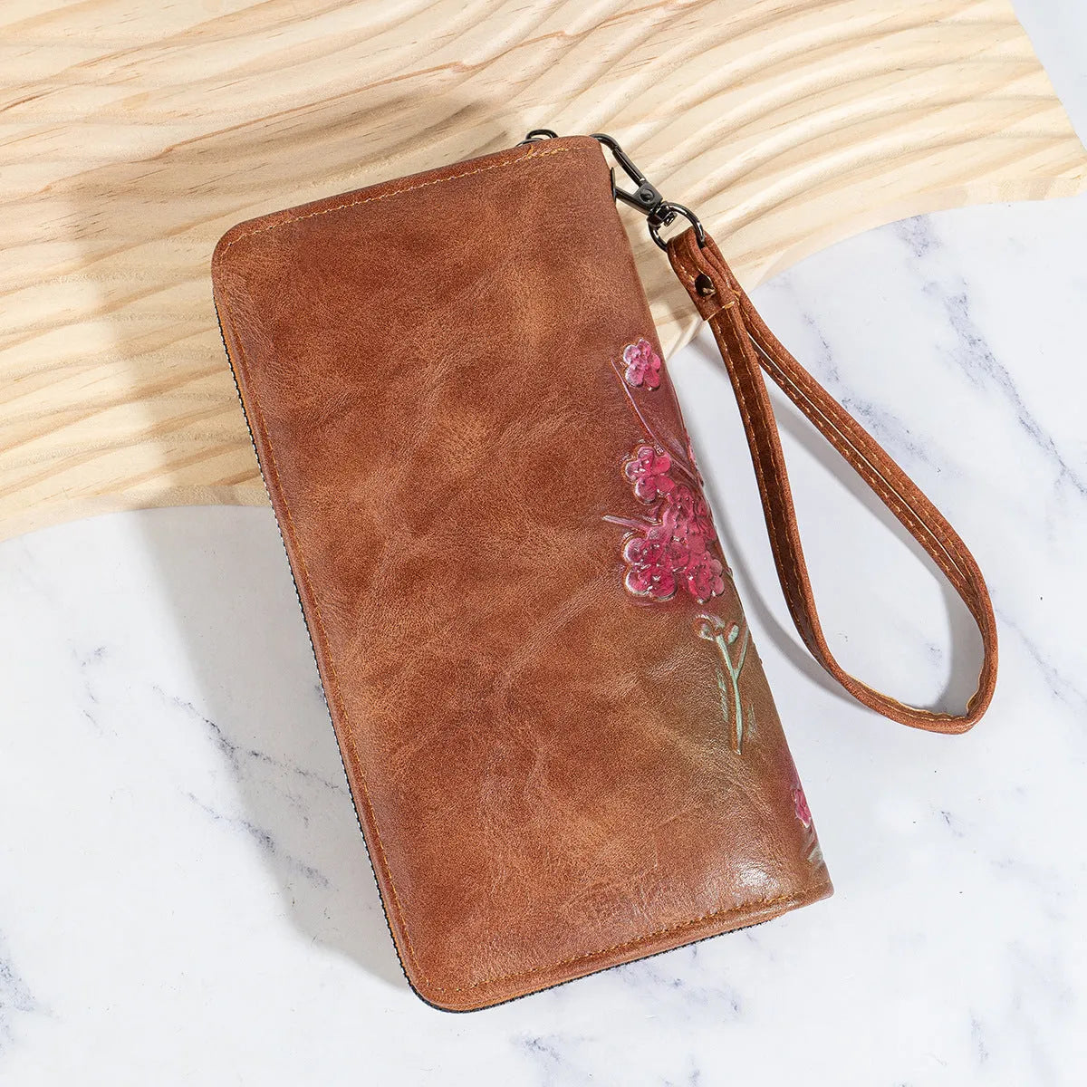 Embossed floral pattern Chinese style zipper handbag in polyurethane with three colour options