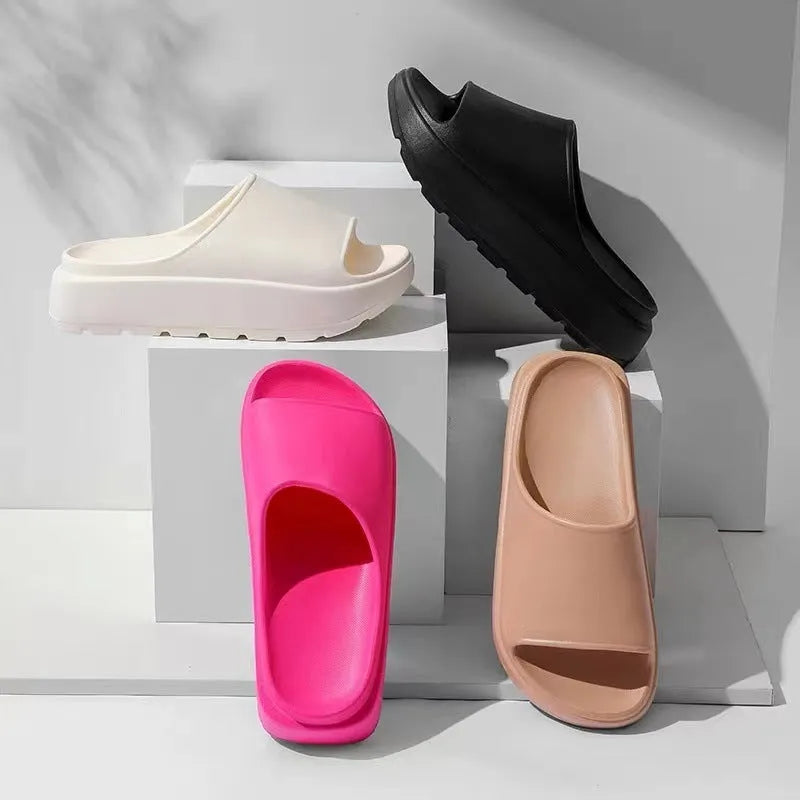Women's fish mouth slippers with 5.5cm thick EVA sole in beige, black, khaki, or rose red.