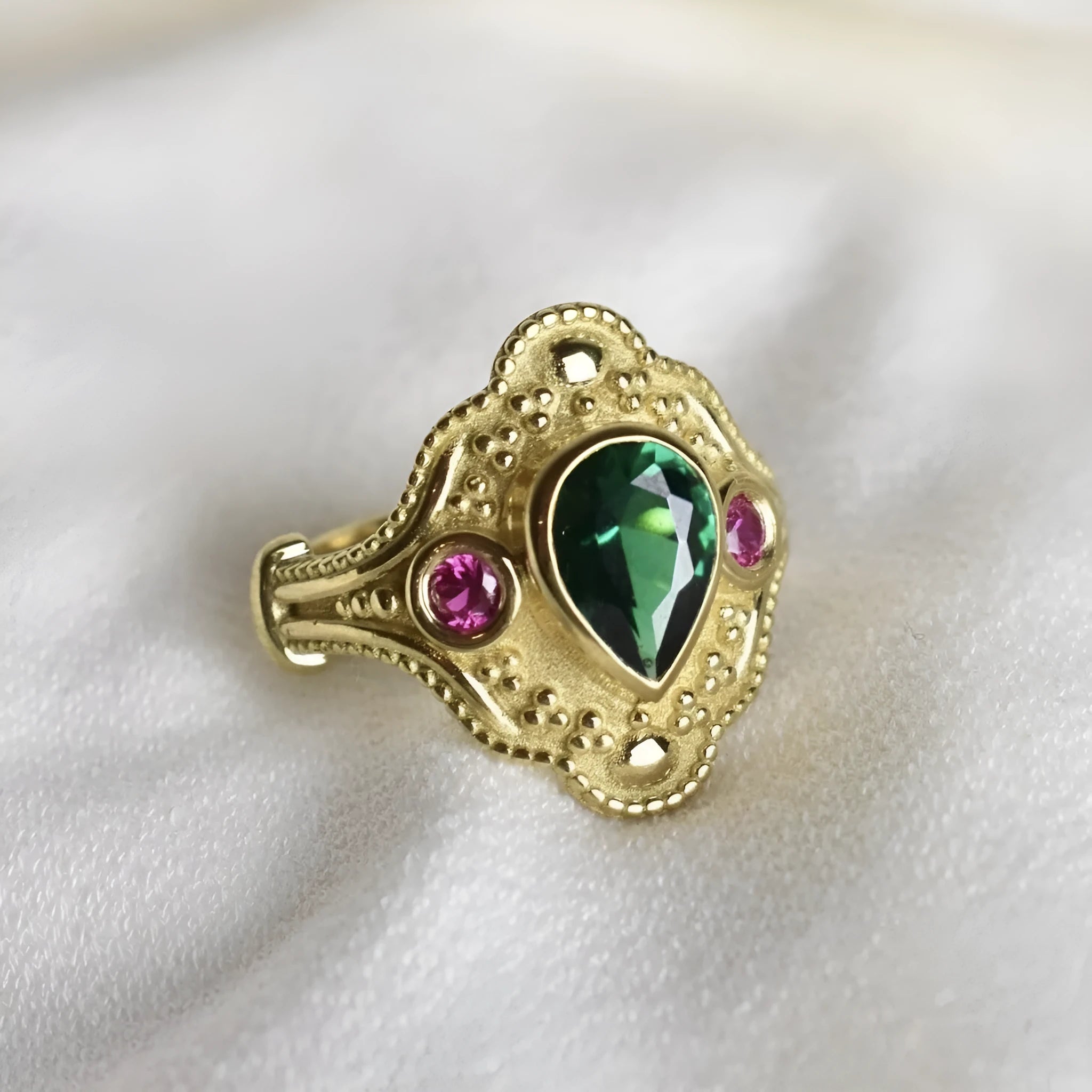 Gold-plated geometric women's ring with golden lvzuan electroplated finish shown from multiple angles