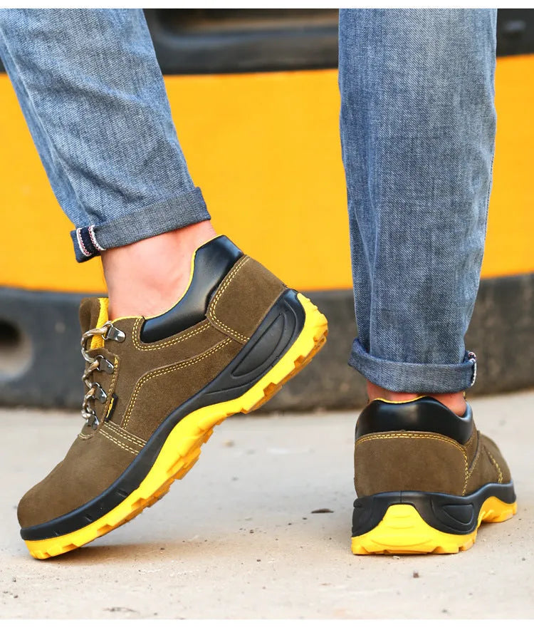Bronze cow suede leather steel toe safety boots with low-cut design and anti-skid sole