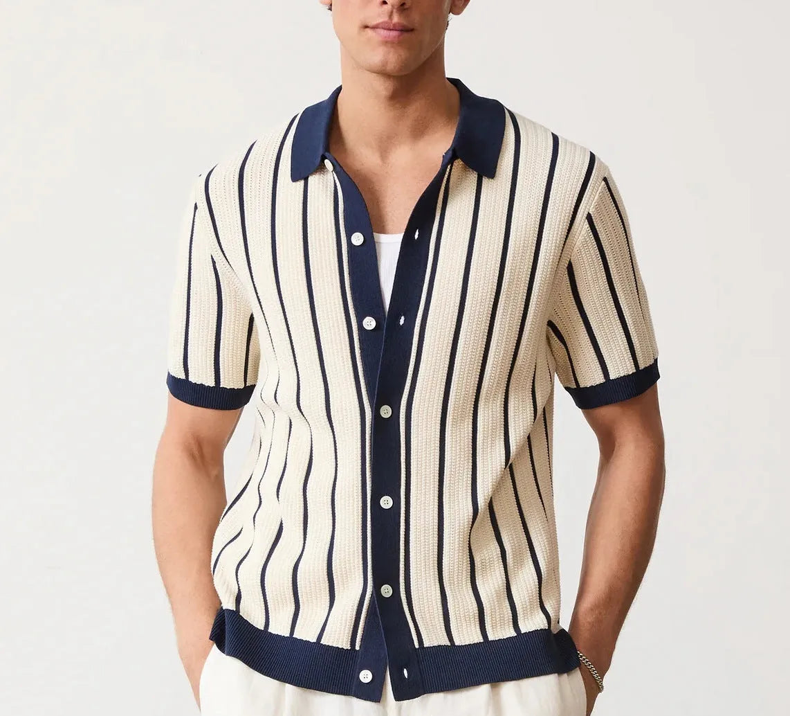 Men's white ice silk knitted lapel top with asymmetrical design and V-neck collar