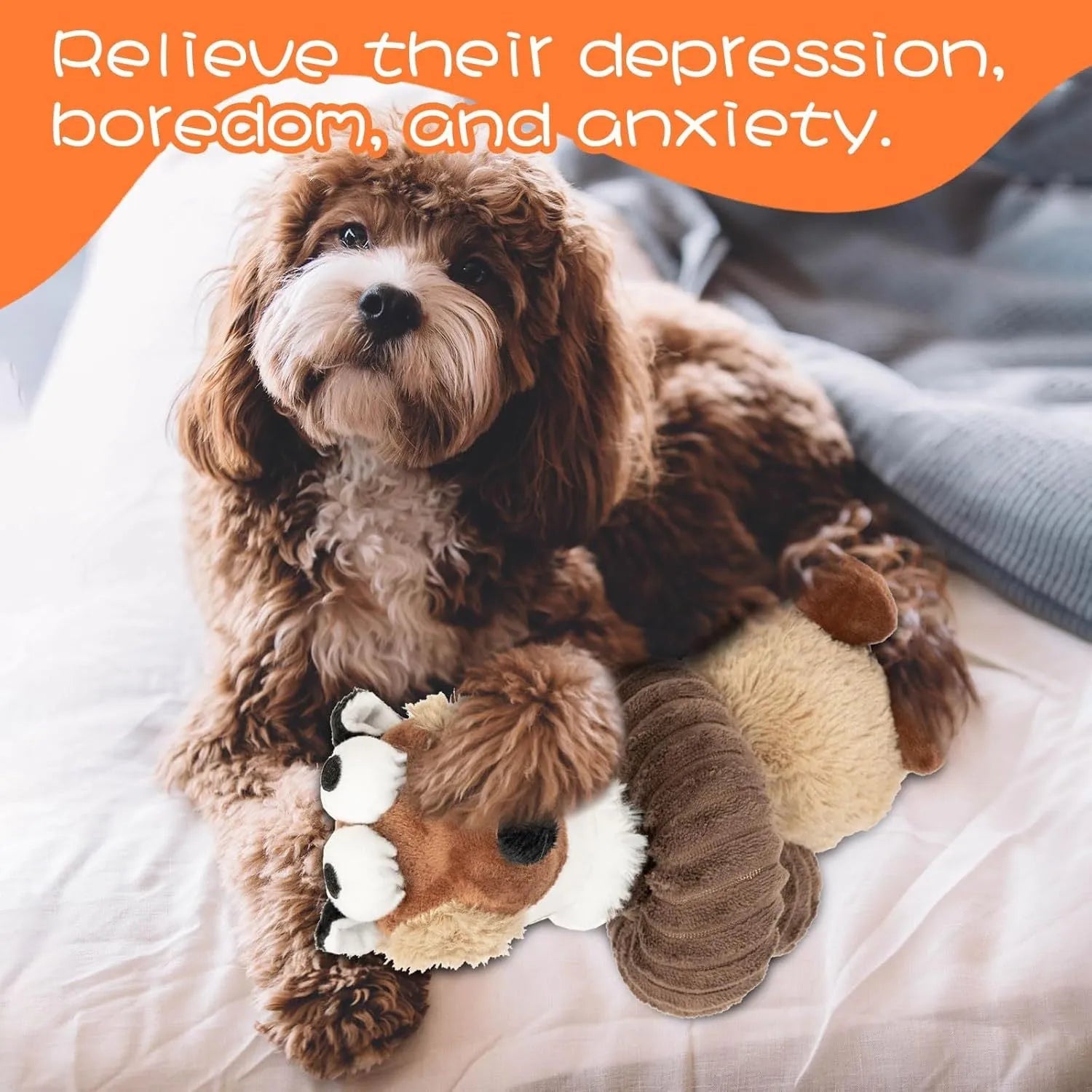 Foldable brown plush dog toy with squeaker and crinkle material for chew play.
