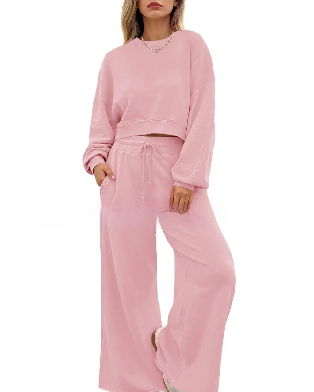 Women's solid colour polyester two-piece trouser set with long sleeve top and matching trousers in street hipster style