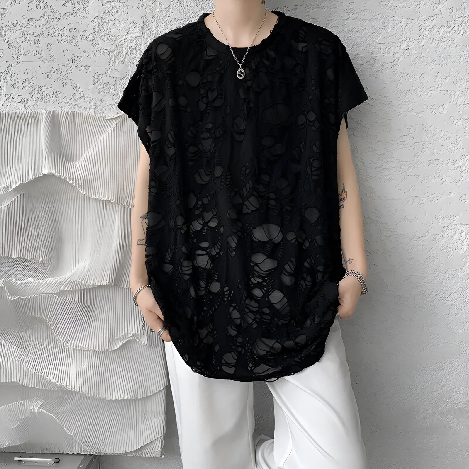 Black ripped beggar sleeveless wide shoulder vest, loose fit, polyester fibre, Japanese retro style