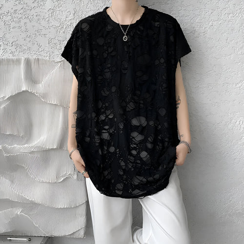 Black ripped beggar sleeveless wide shoulder vest, loose fit, polyester fibre, Japanese retro style