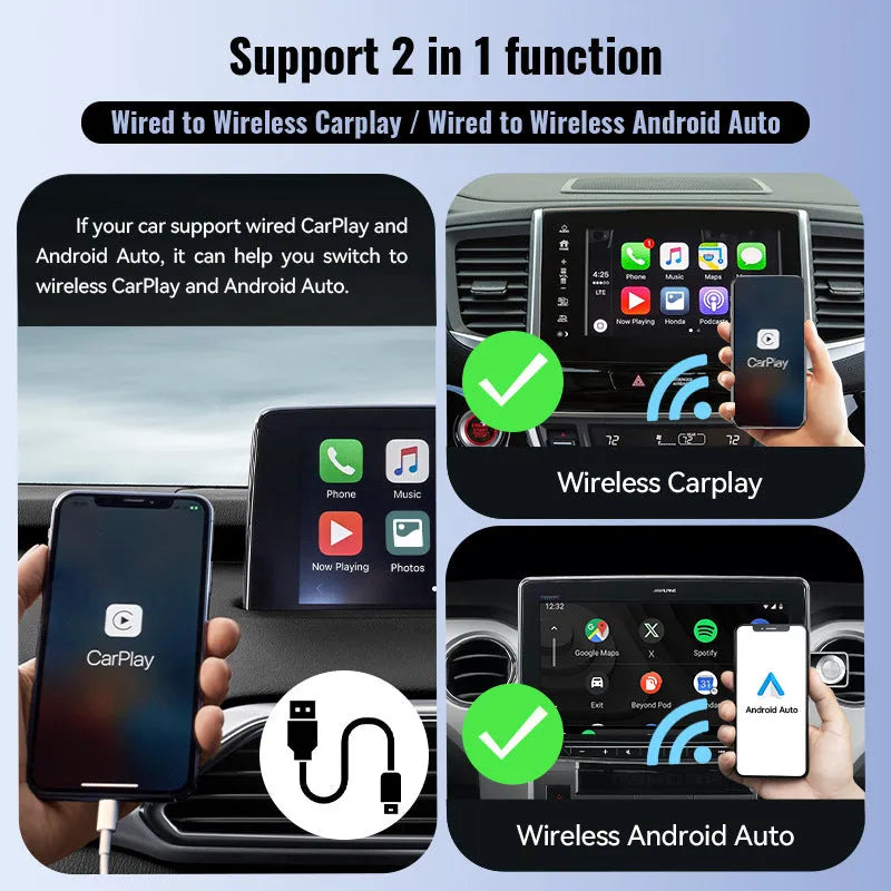 Small black wireless CarPlay USB adapter with compact rectangular design.