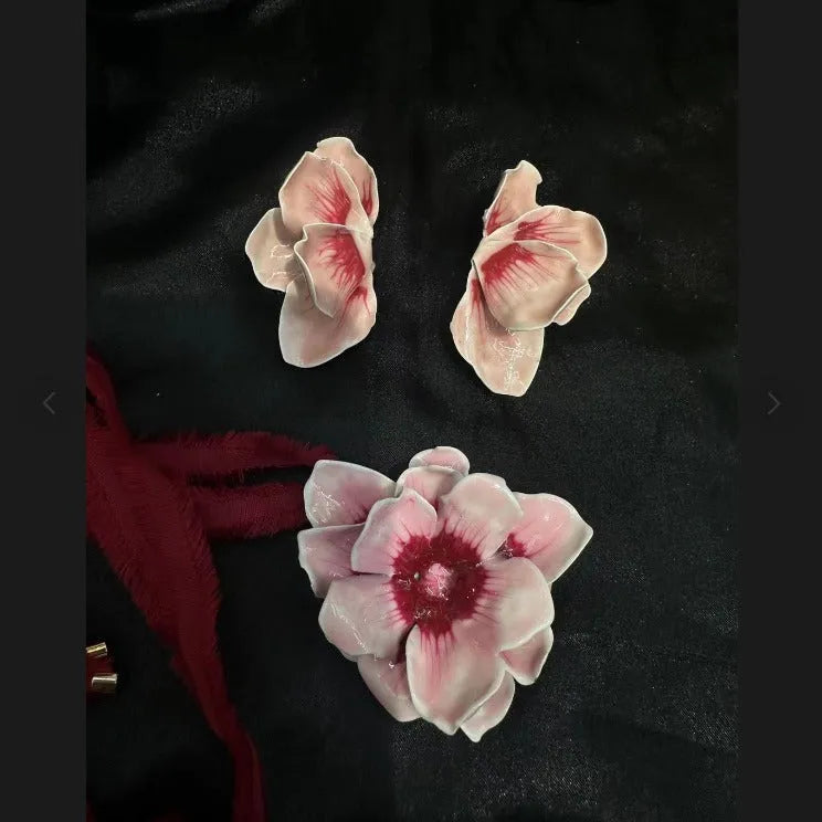 Pastoral style alloy flower stud earrings with oil-spot glaze finish in blue, green, purple and rose colour variations