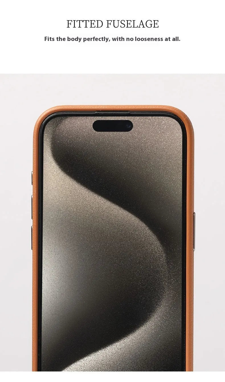 Genuine leather Magsafe phone case with alloy lens and metal frame for iPhone 15, black colour