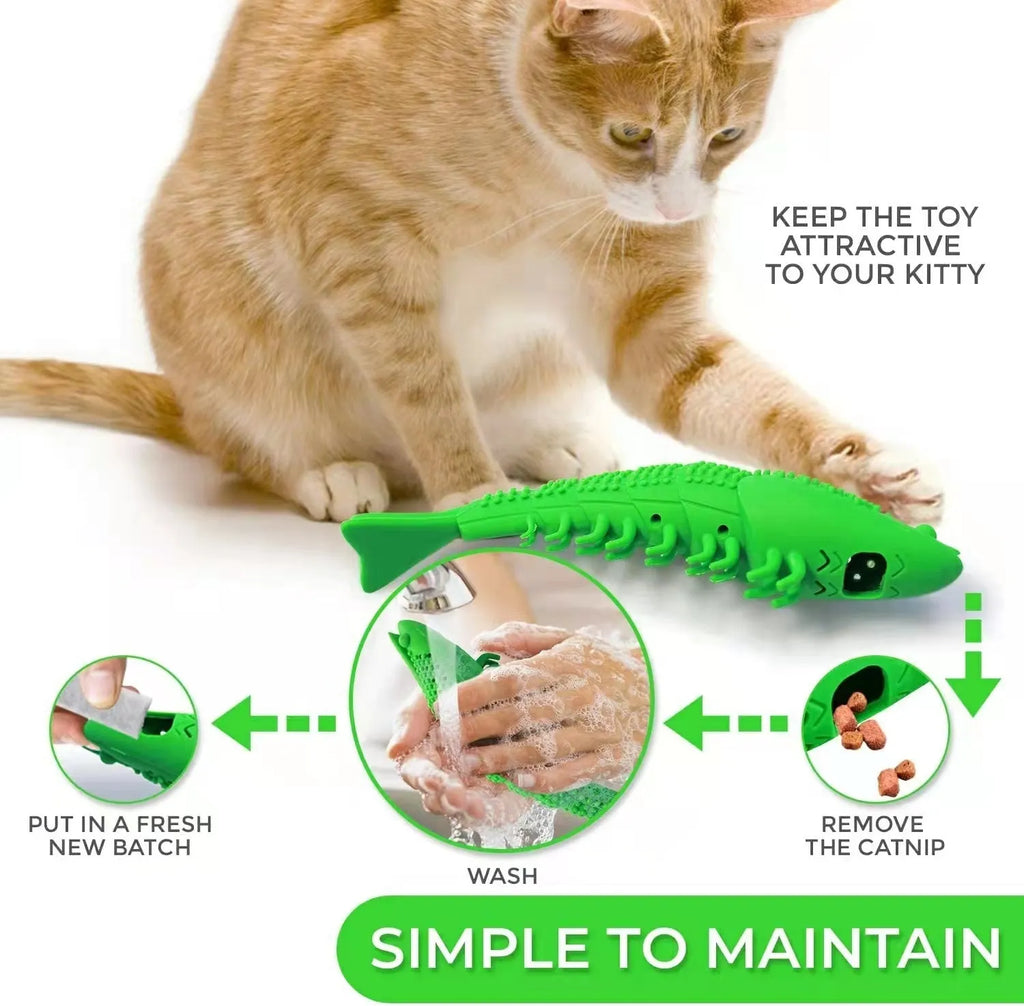 Blue hard rubber cat toy with teeth cleaning texture containing catnip and bell