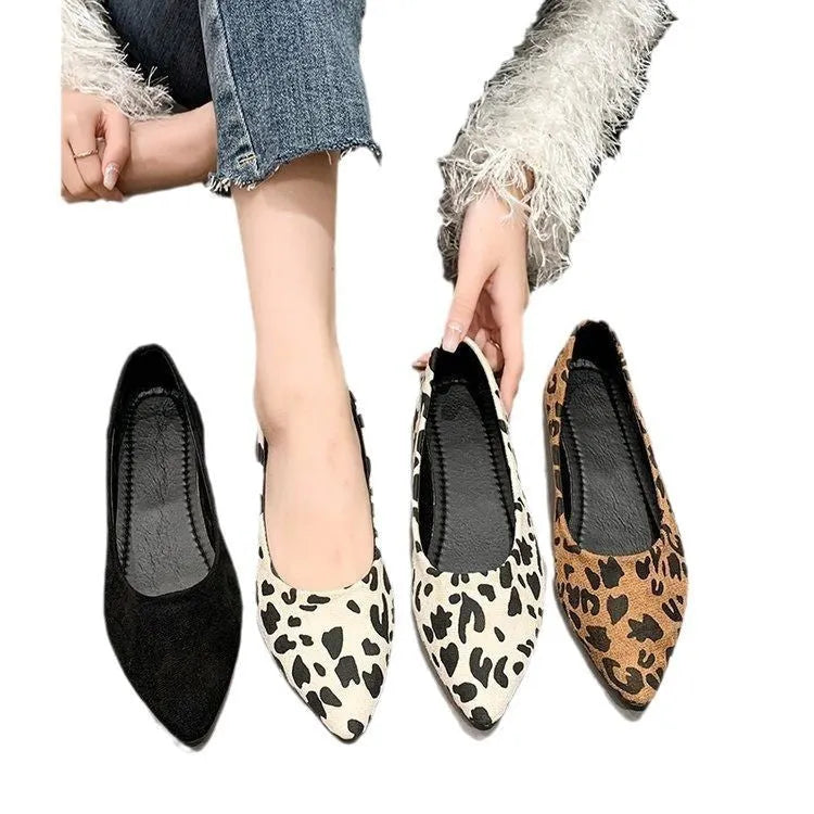 Women's leopard print flat pumps with pointed toe and low heel in three colour options