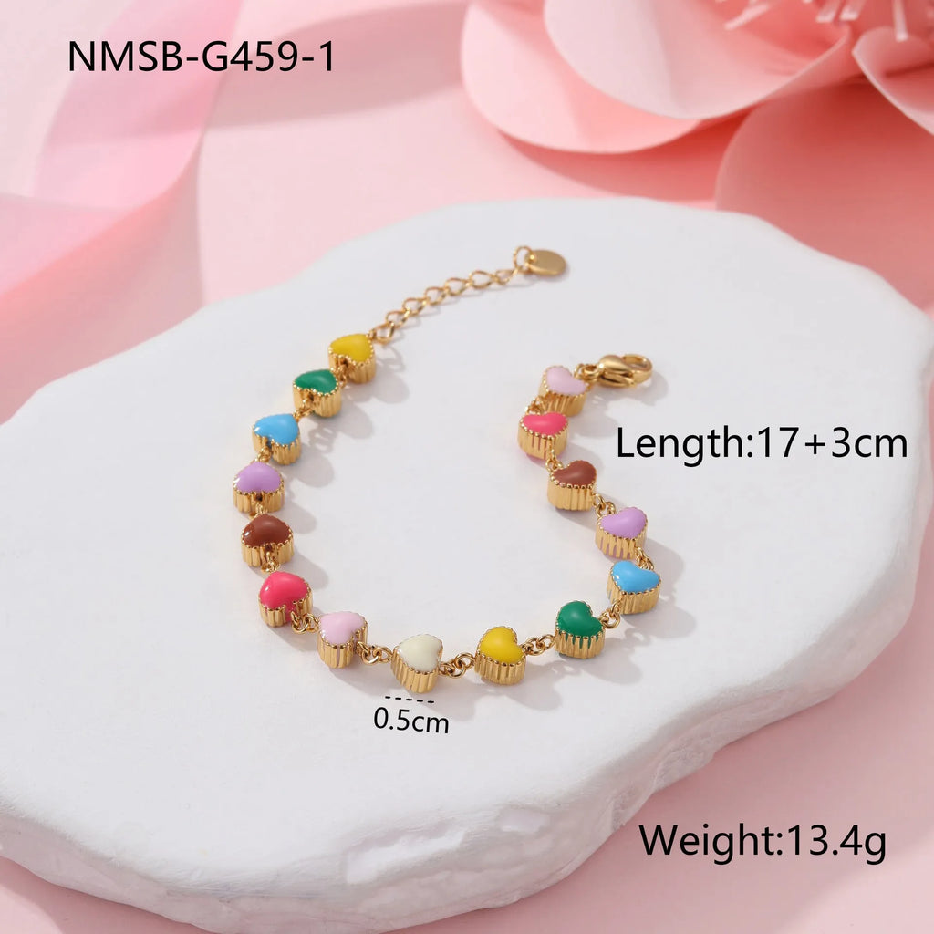 Women's heart-shaped stainless steel bracelet with colourful oil necklace element in gold electroplated finish