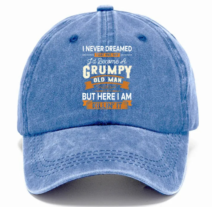 Washed print denim baseball cap with dome crown in retro style, available in multiple colours