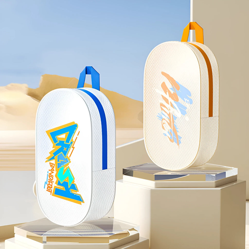 Orange and purple waterproof EVA swimming storage bags in small 3L and large 7L sizes on a blue background.
