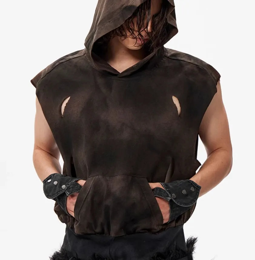 Cotton fabric short hood vest in khaki for teenagers, front view