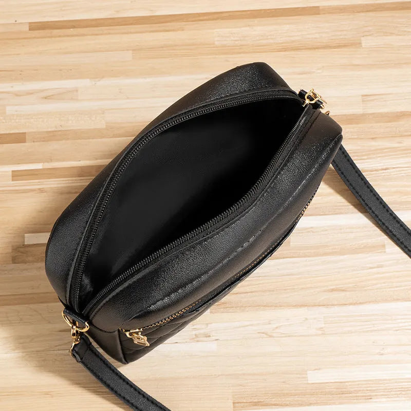 PU leather crossbody bag in horizontal square shape with large-capacity, diamond mesh and stitching details, available in white, black, pink