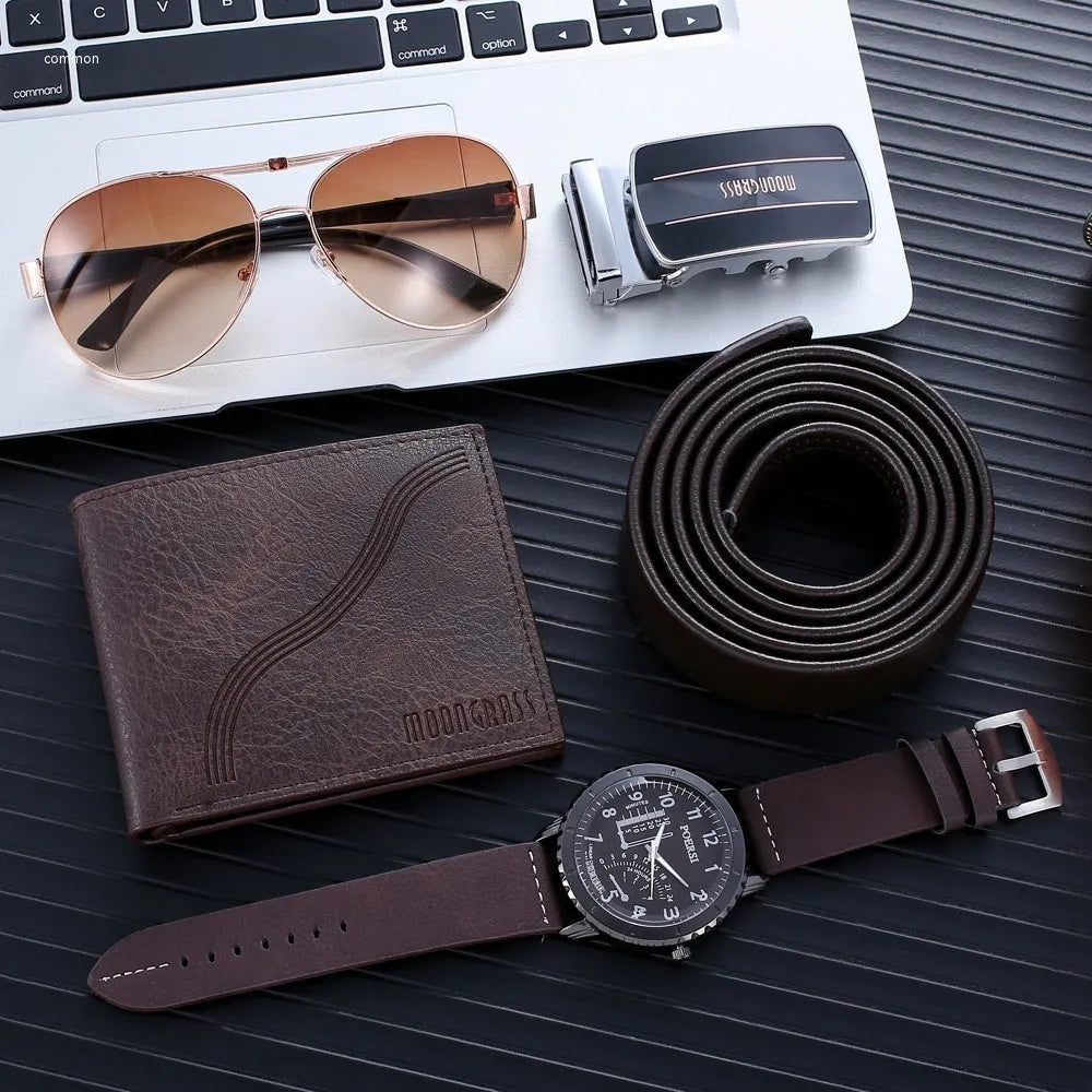 Brown watch suit set for men with watch, belt, glasses, and wallet on display