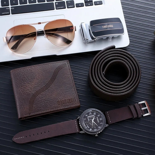 Brown watch suit set for men with watch, belt, glasses, and wallet on display
