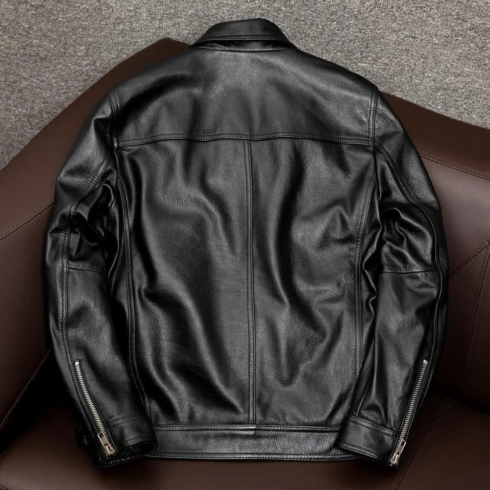 Men's plus size retro Kaji style PU leather jacket with lapel and side seam pockets
