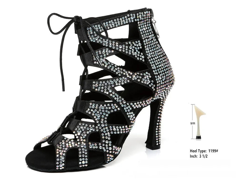 Women's high-top lace-up jazz dance shoes in black, fish mouth toe, fabric upper, 6-8cm heel