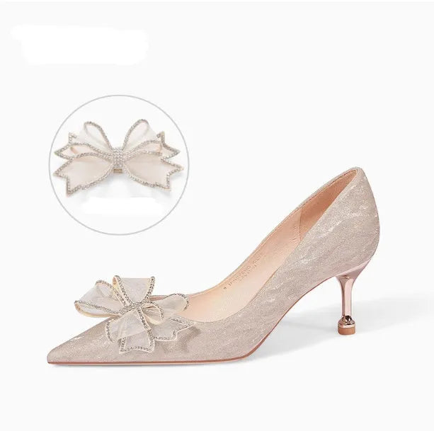 Champagne gold crystal sequined stiletto heel pumps with pointed toe for wedding banquets