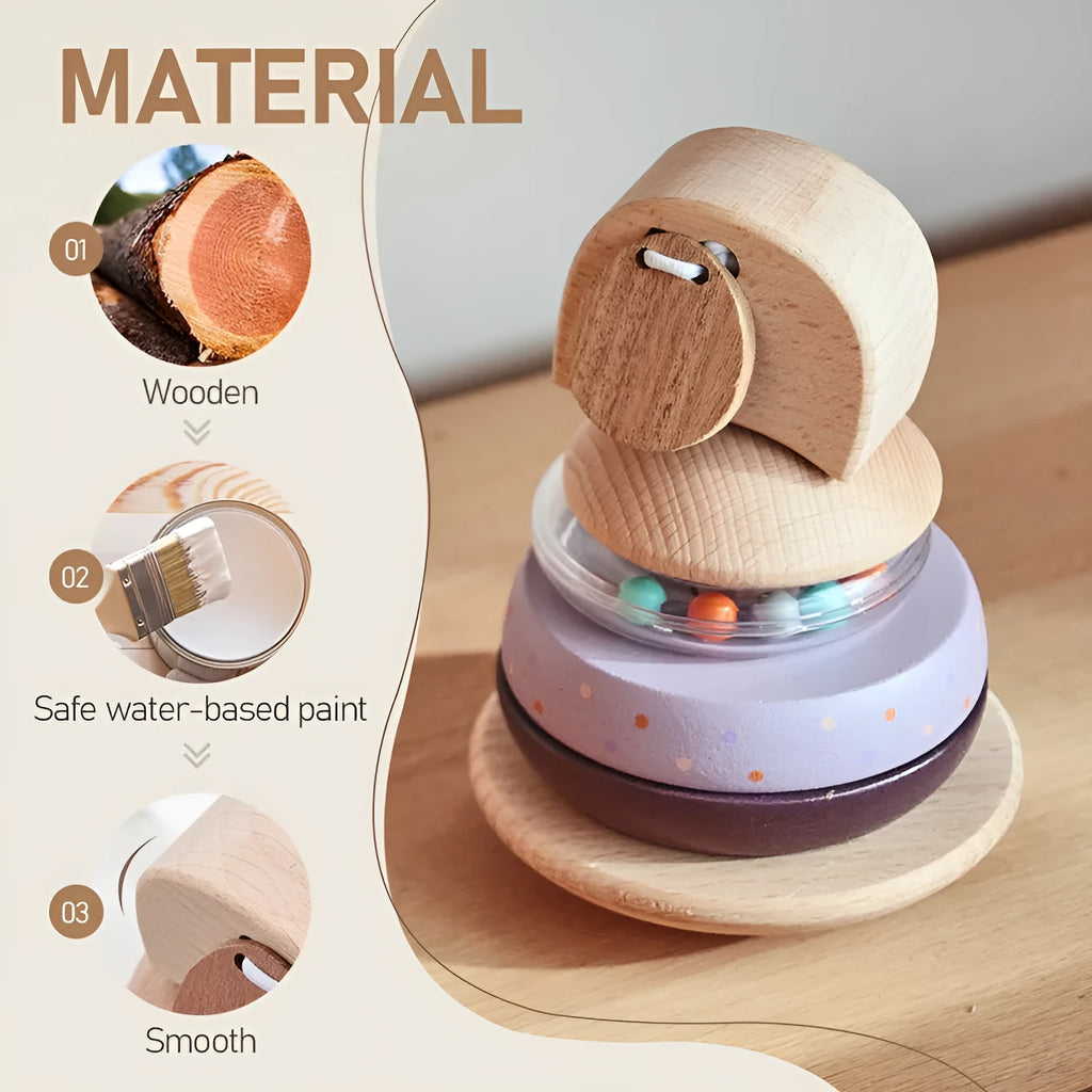 Baby wooden stacking post set of shapes with elephant bell colour option in cowhide box