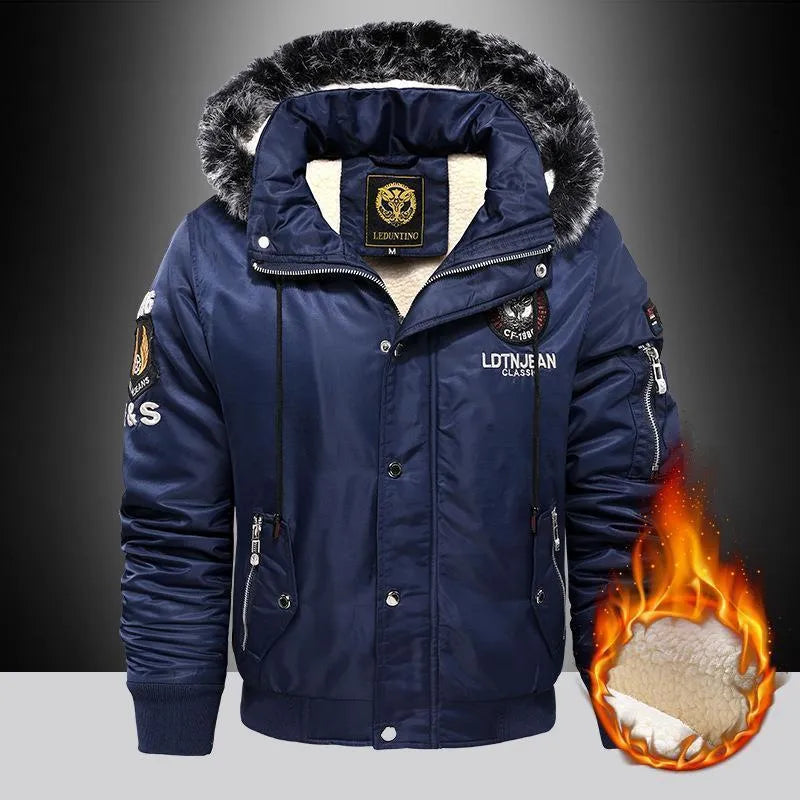 Thick casual polyester hooded coat for men in black, blue, and red colours