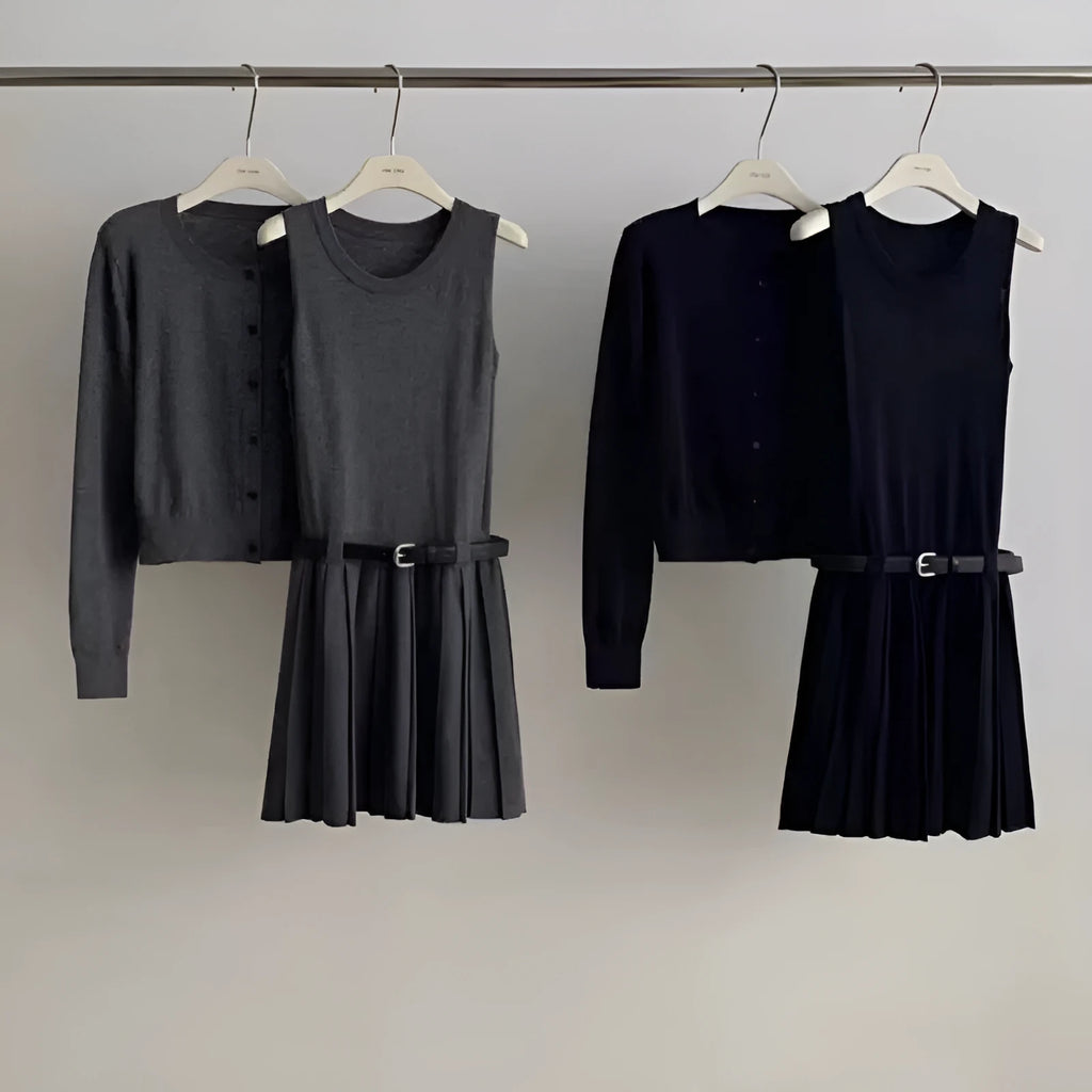 Women's grey knitted vest skirt and cardigan two-piece set with 3D pattern